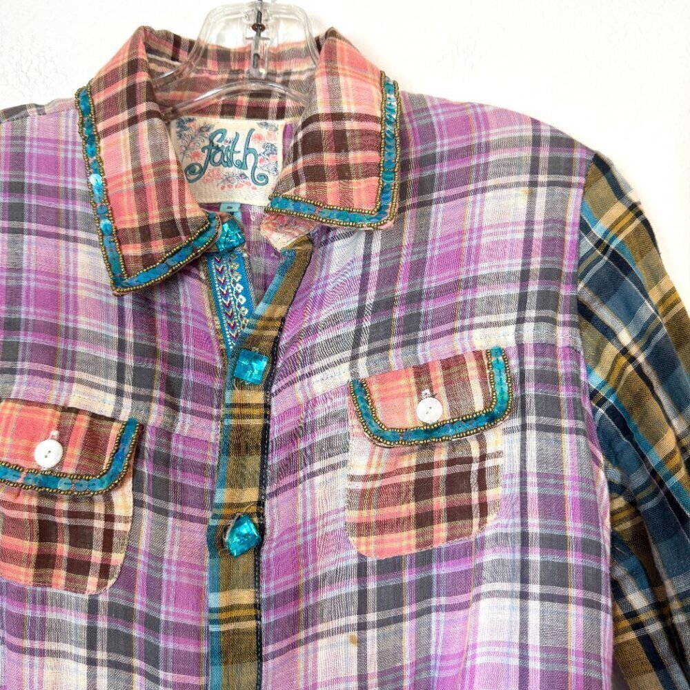 Patchwork Plaid Embroidered Sequin Top Shirt Butt… - image 5